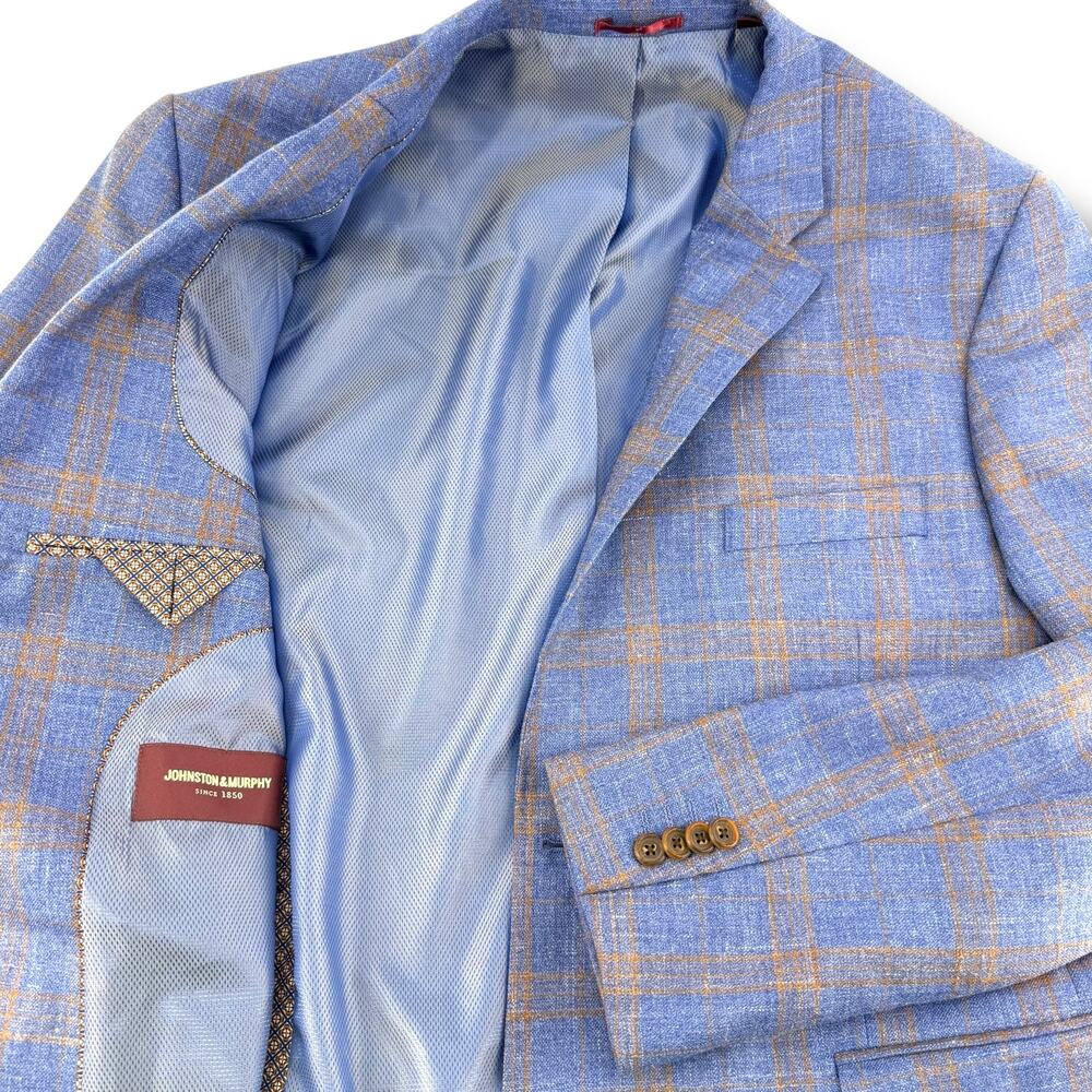 Johnston & Murphy Dress Wool Blazer Blue Gold Windowpane Plaid Wool Linen